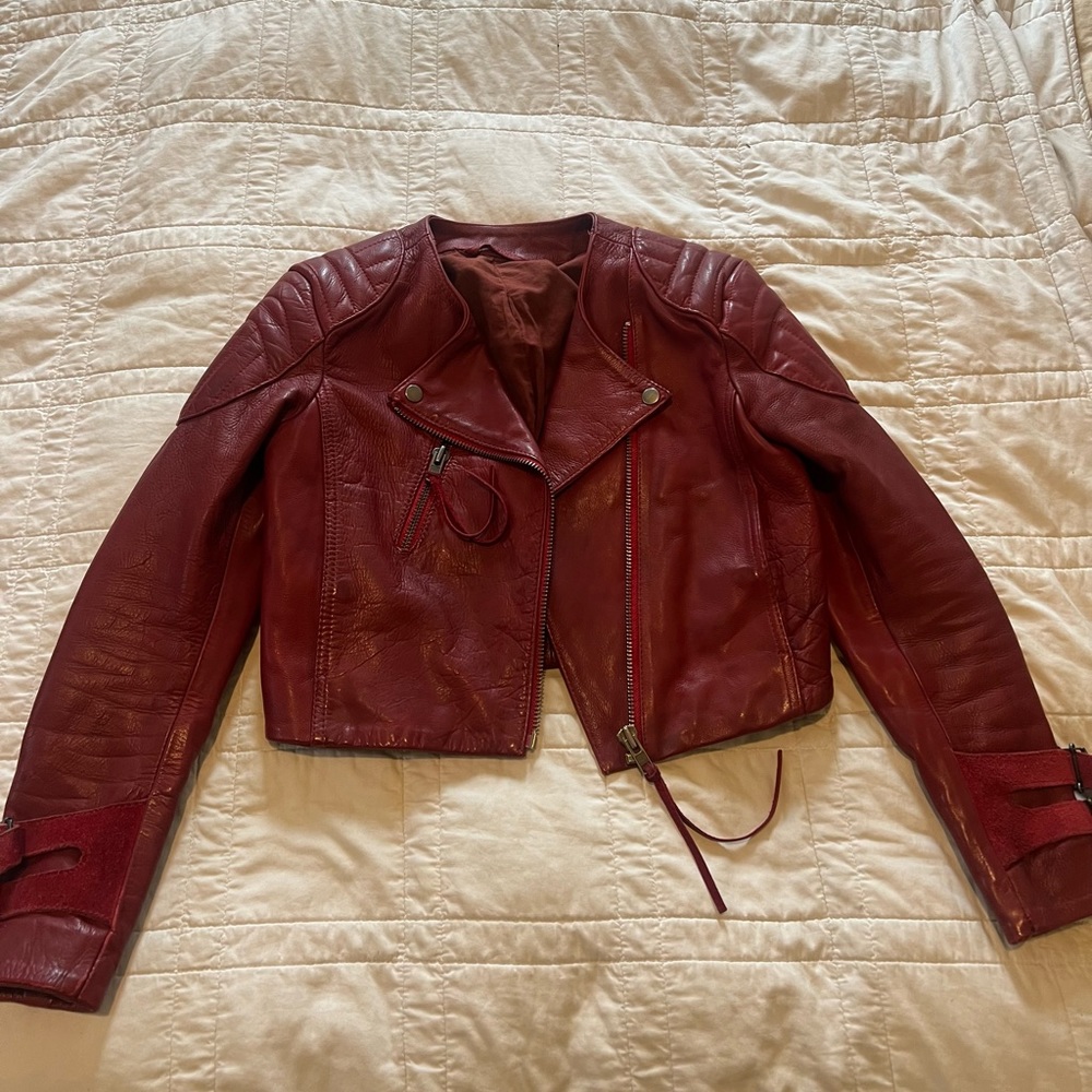 Acne red leather jacket, size 36, in good condition.